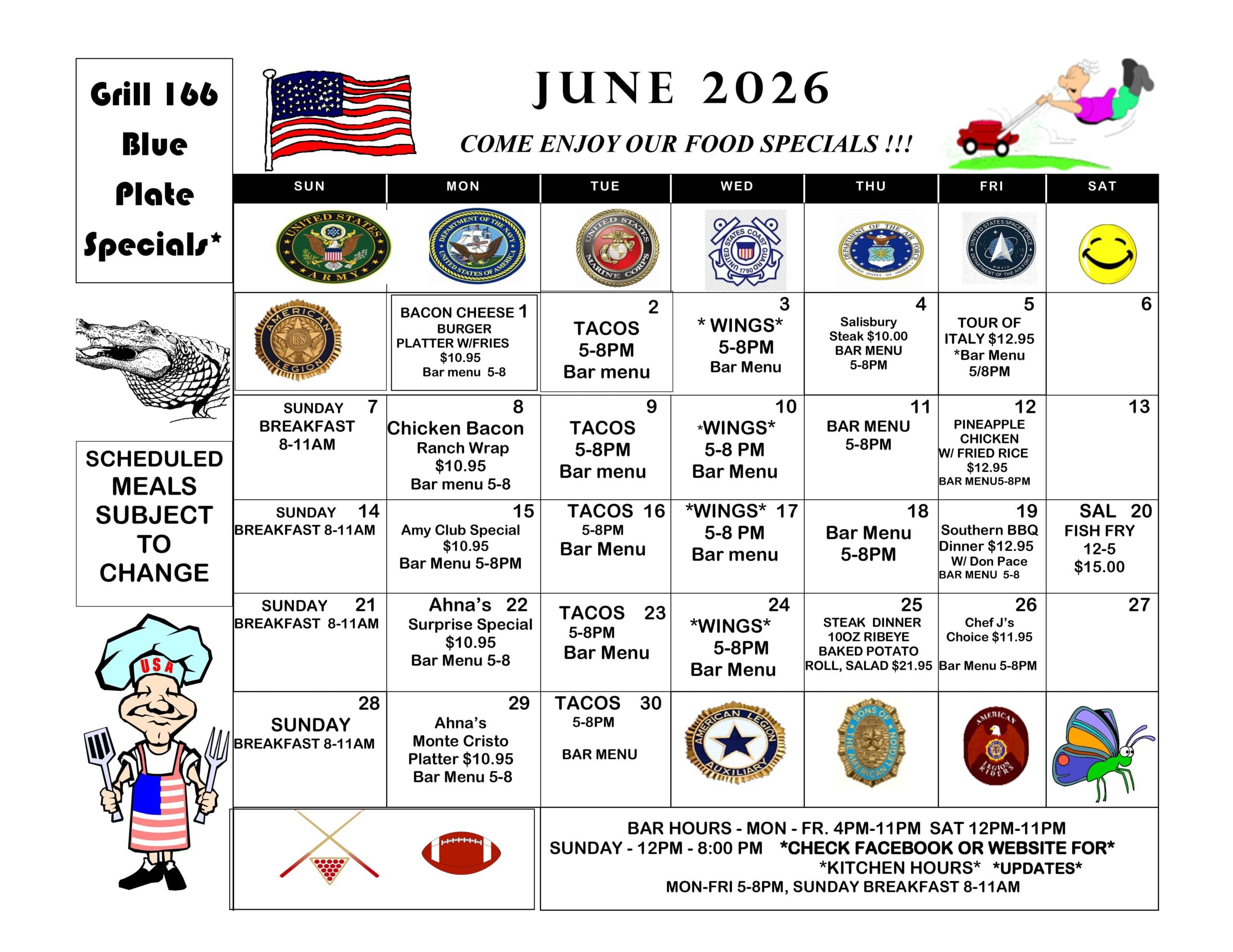 june dinner 2026 menu calendar