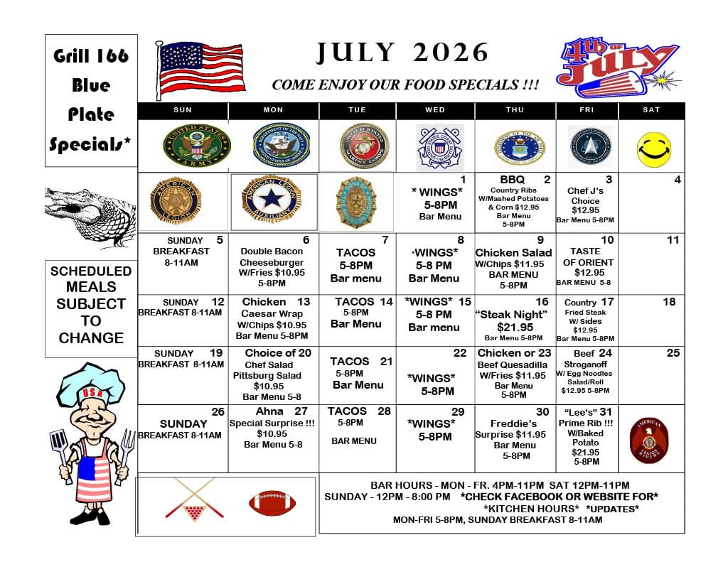 july 2026 dinner calendar