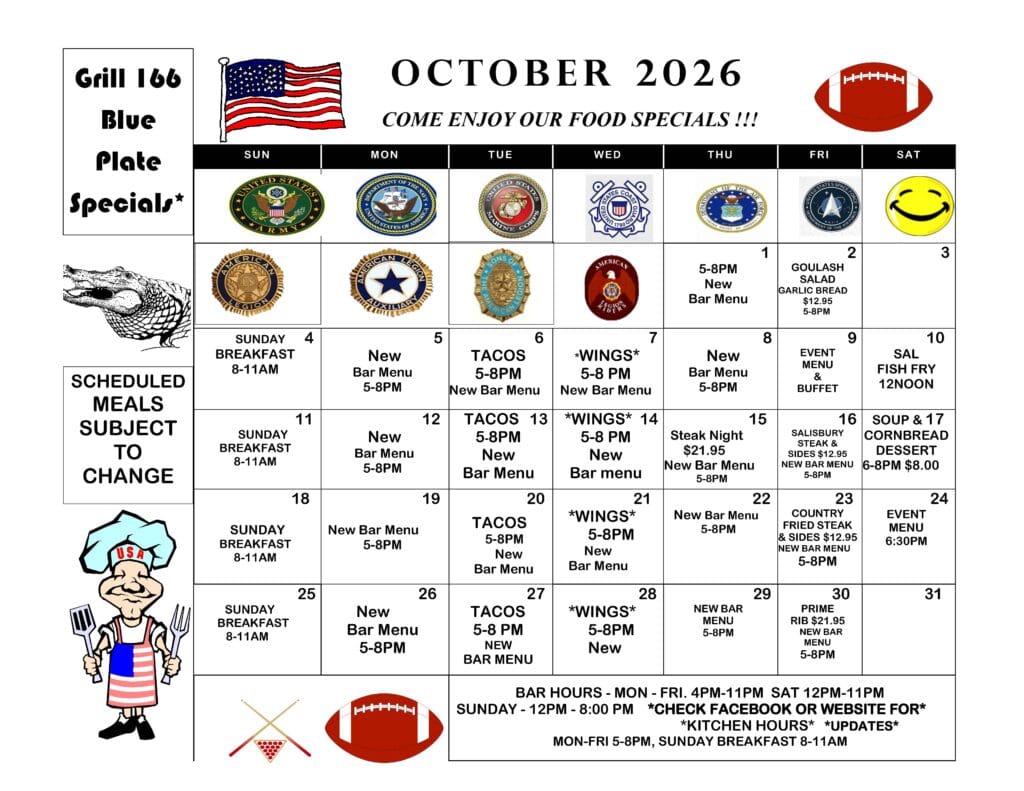 october dinner 2026 menu calendar